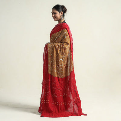 Brown - Kutch Bandhani Tie-Dye Cotton Saree with Blouse Piece