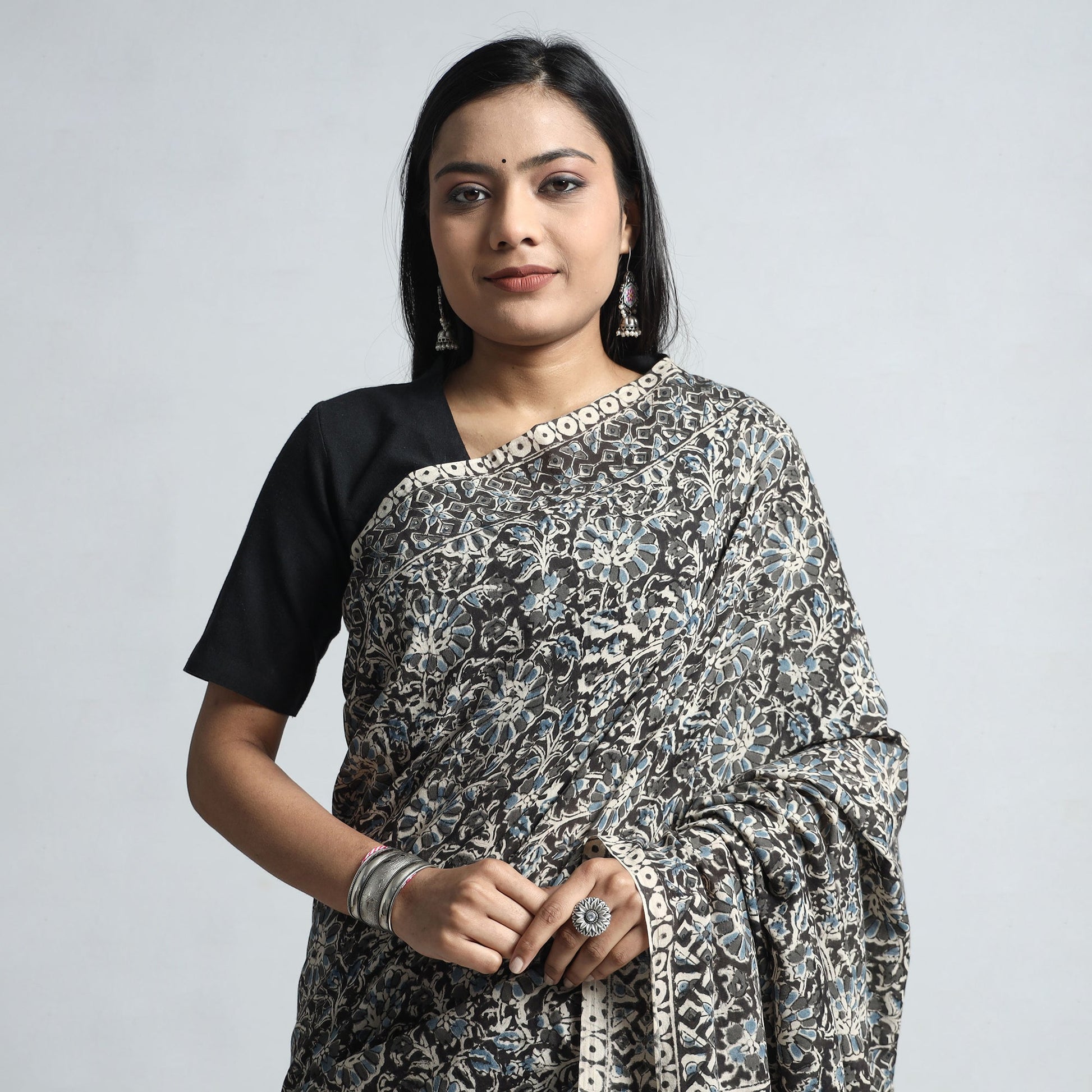 Black - Pedana Block Print Cotton Kalamkari Saree