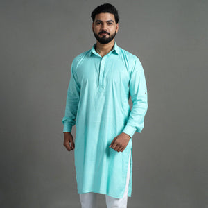 Aqua Blue - Linen Viscose Plain Men Long Pathani Kurta