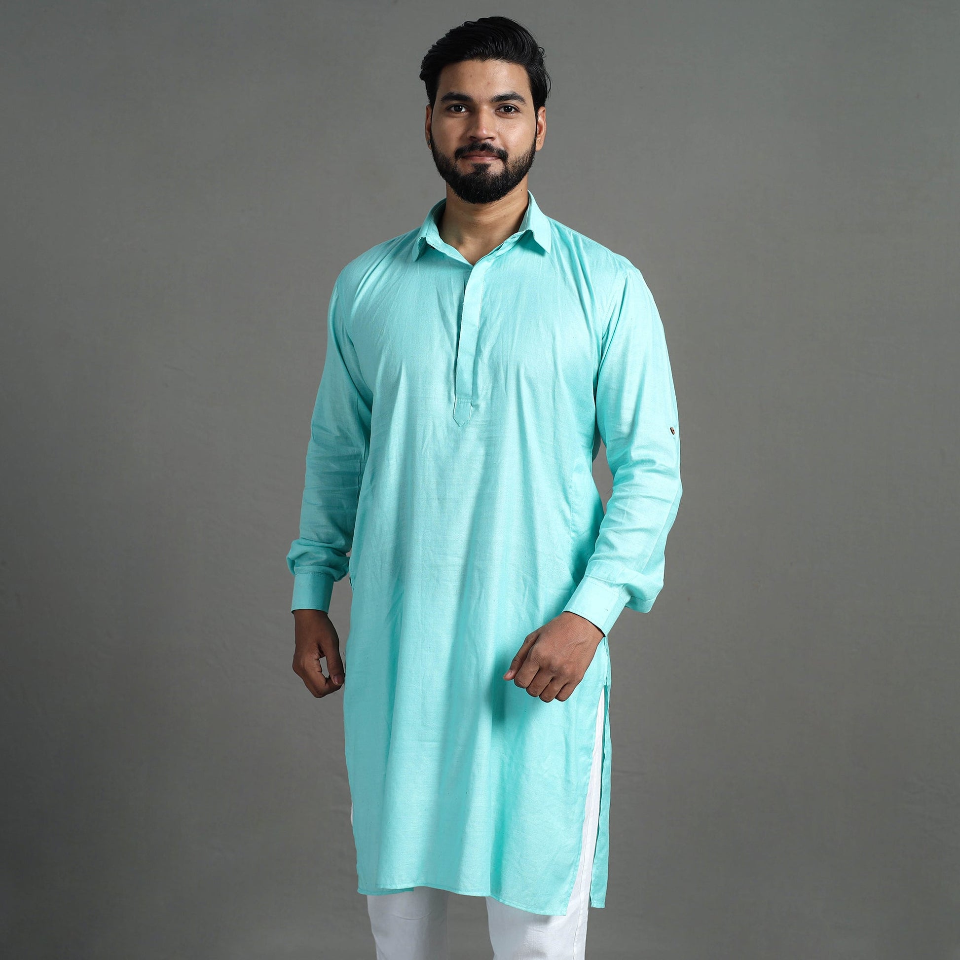 Aqua Blue - Linen Viscose Plain Men Long Pathani Kurta