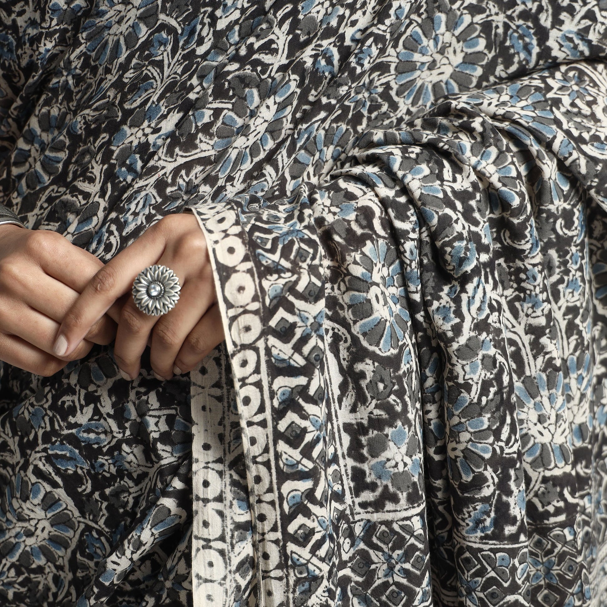 Black - Pedana Block Print Cotton Kalamkari Saree
