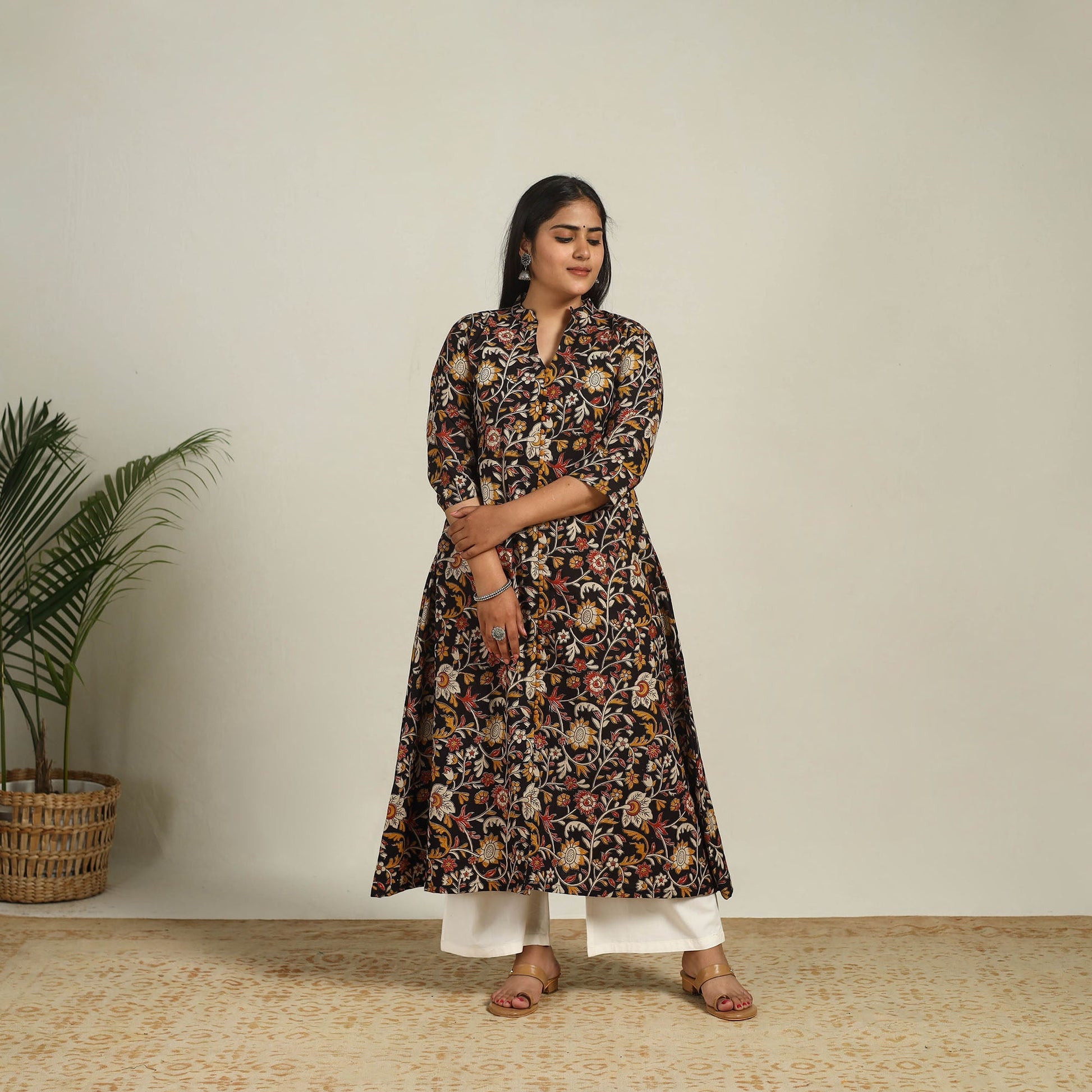 Black - Printed Cotton A-Line Kalamkari Kurta 07