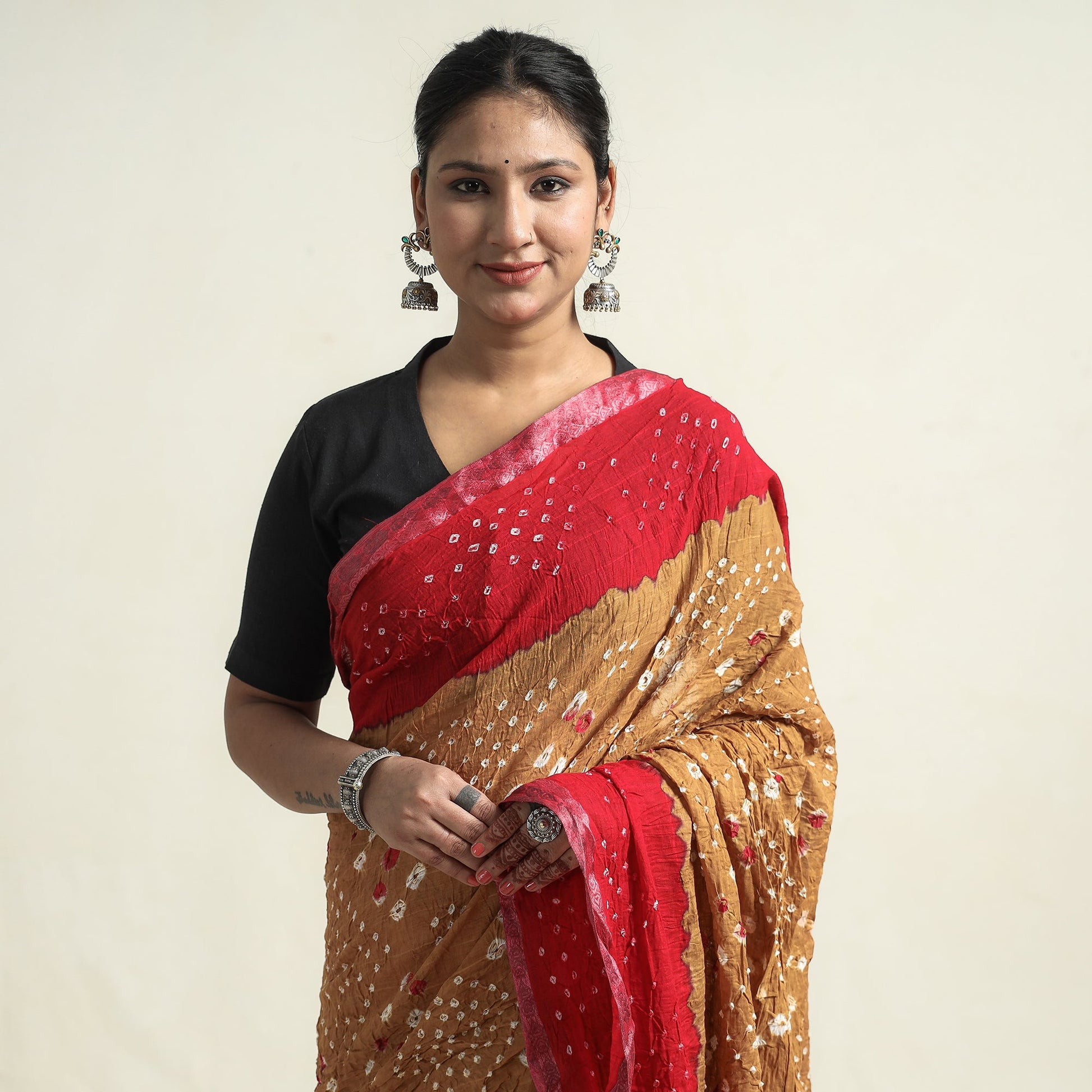 Brown - Kutch Bandhani Tie-Dye Cotton Saree with Blouse Piece