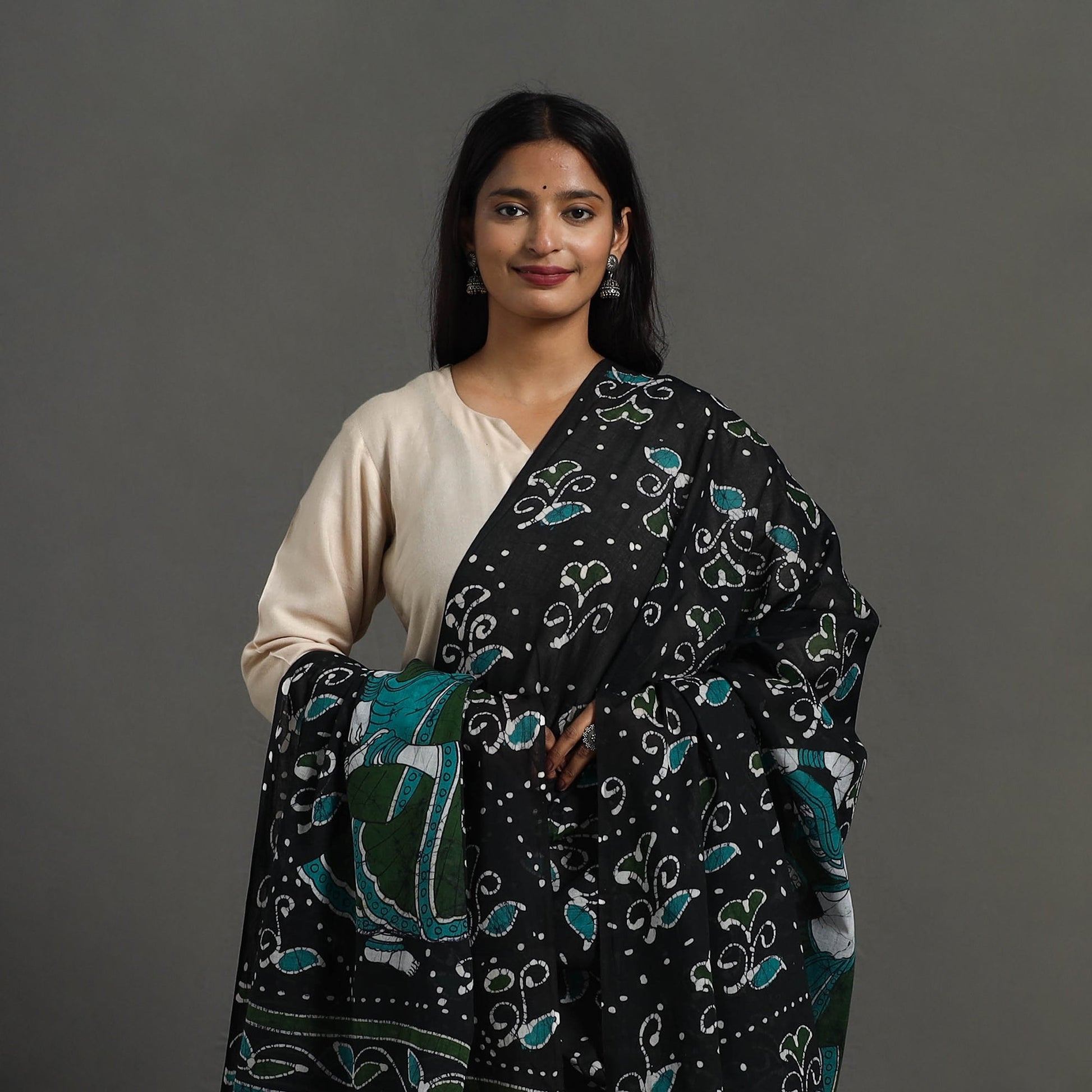 Black - Cotton Hand Batik Print Dupatta 33