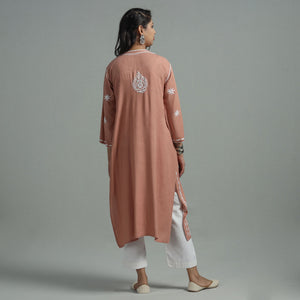 Brown - Chikankari Hand Embroidered Soft Cotton Long Kurta