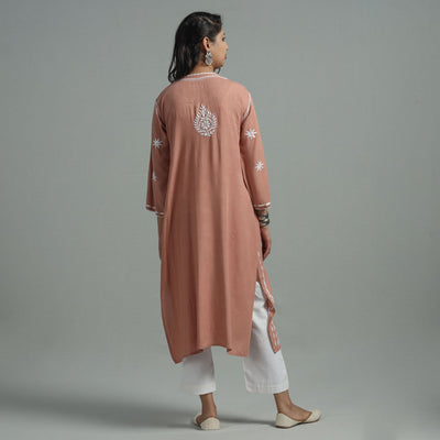 Brown - Chikankari Hand Embroidered Soft Cotton Long Kurta