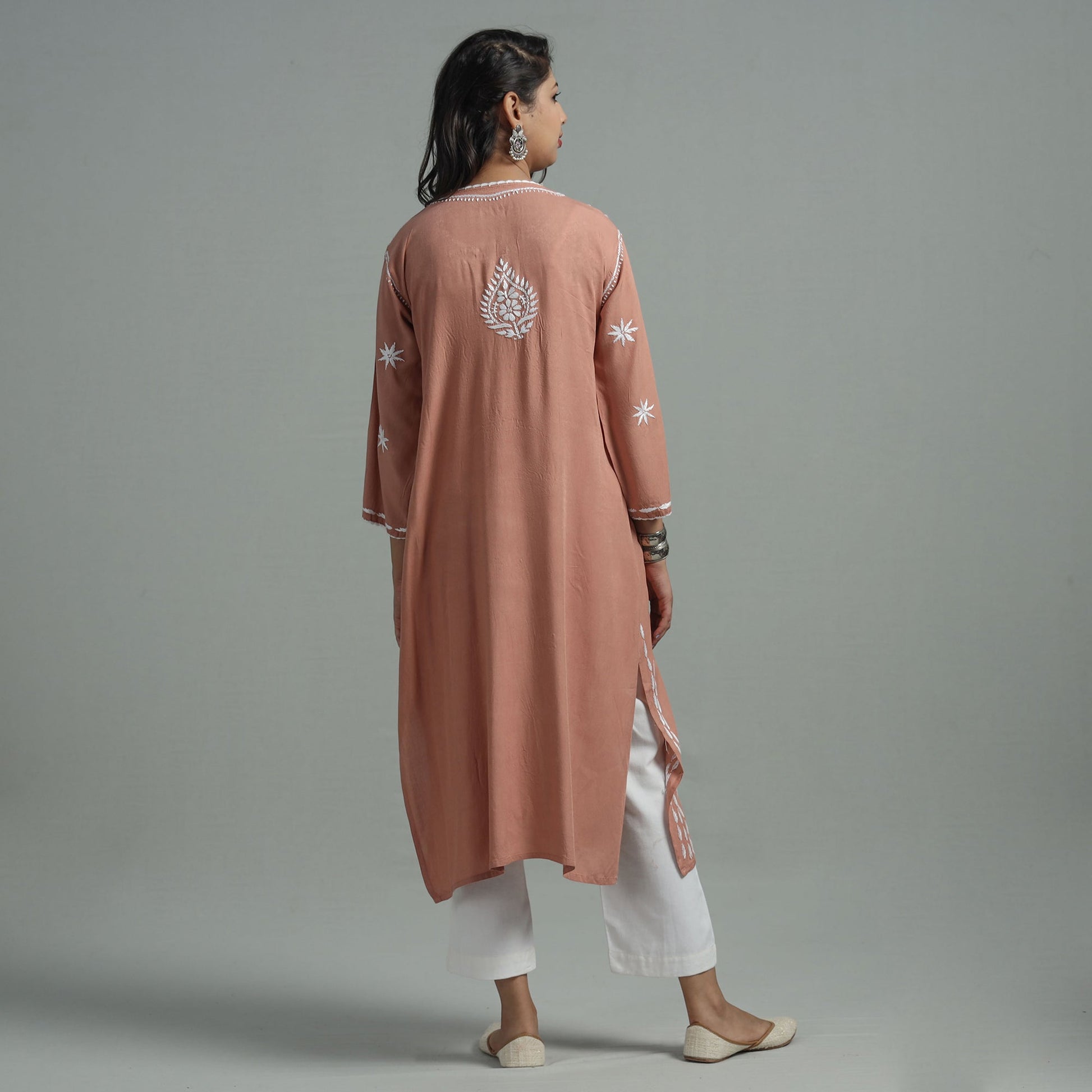 Brown - Chikankari Hand Embroidered Soft Cotton Long Kurta