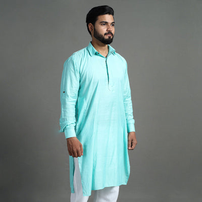 Aqua Blue - Linen Viscose Plain Men Long Pathani Kurta