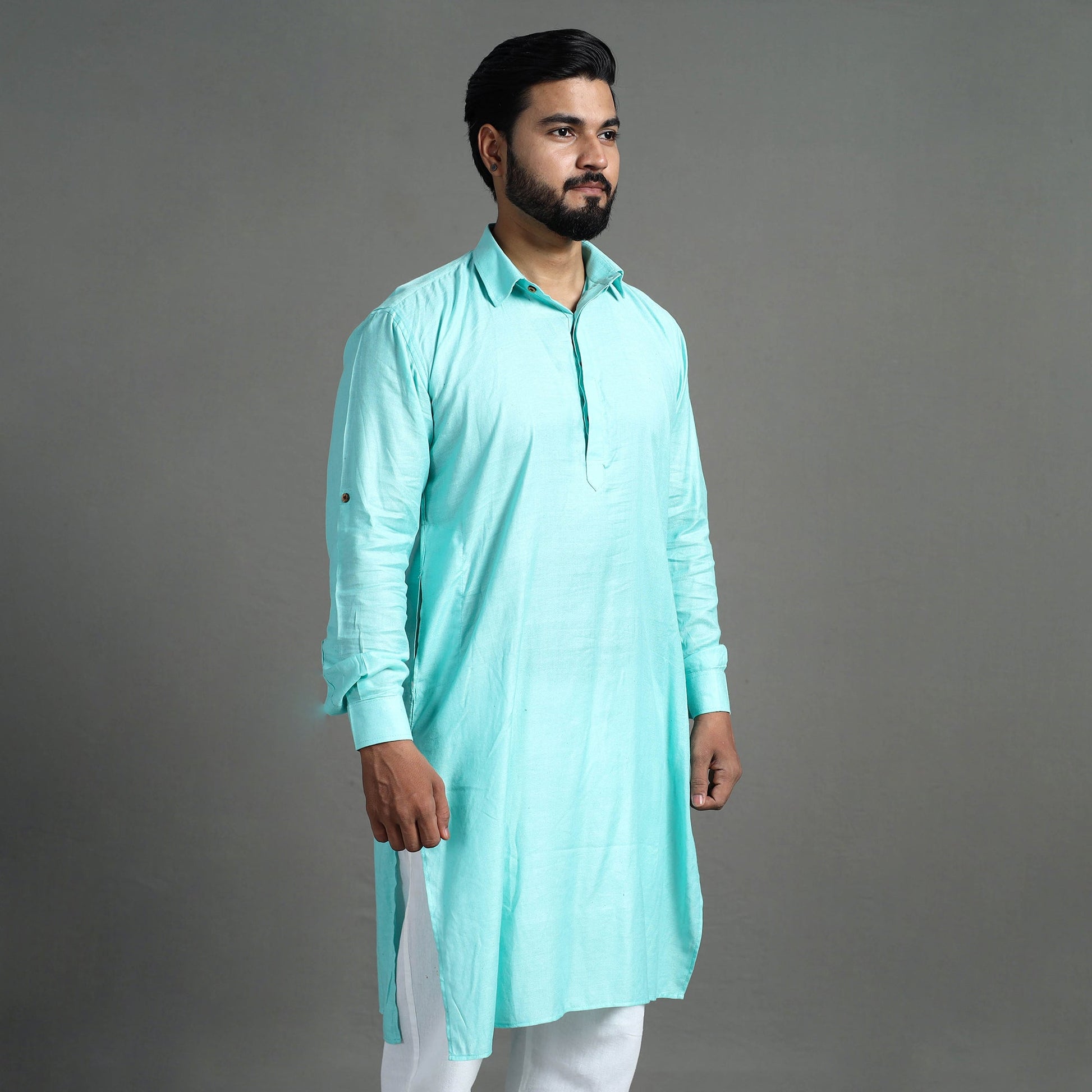 Aqua Blue - Linen Viscose Plain Men Long Pathani Kurta