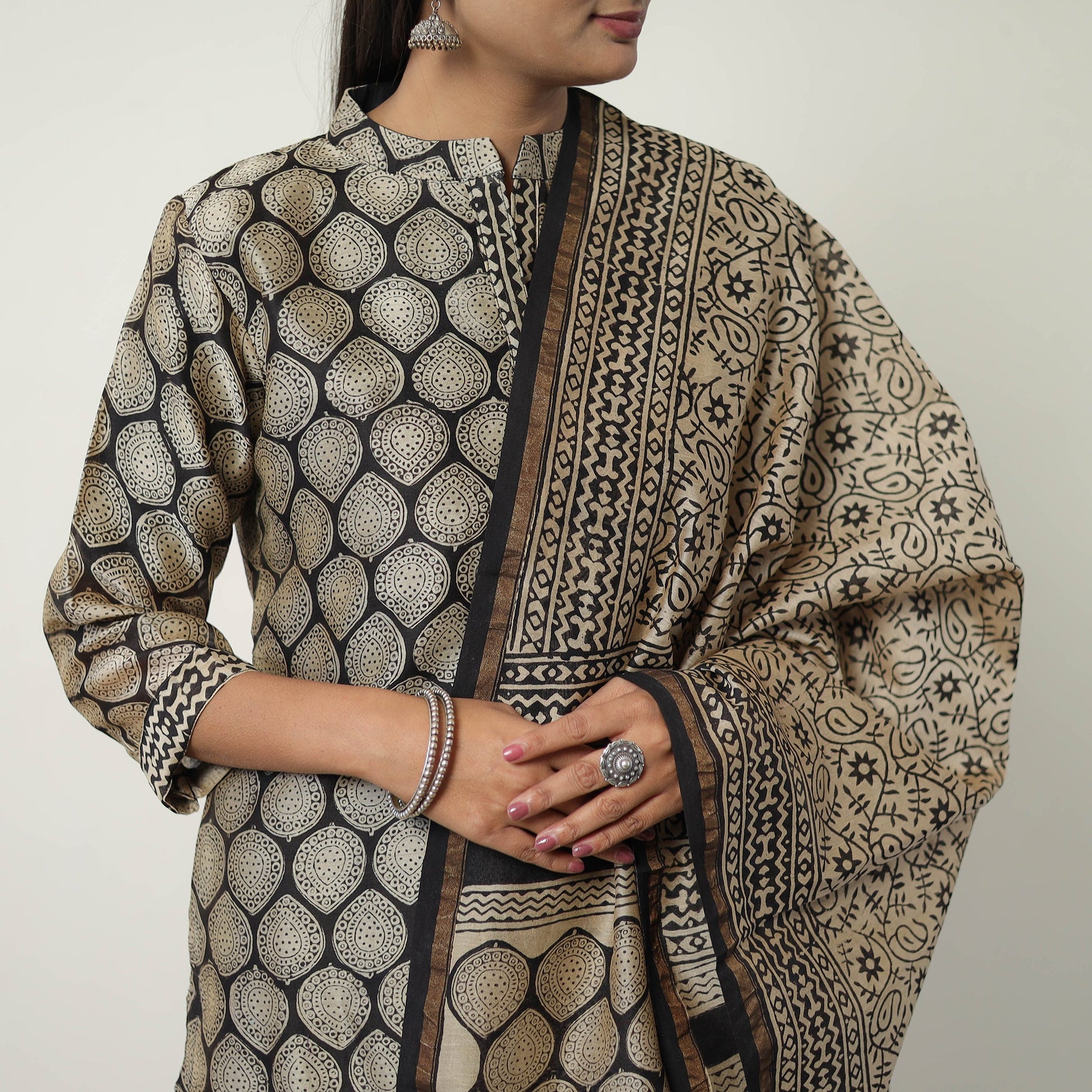 Beige - Chanderi Silk Hand Block Bagru Print Kurta Set 08
