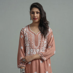 Brown - Chikankari Hand Embroidered Soft Cotton Long Kurta