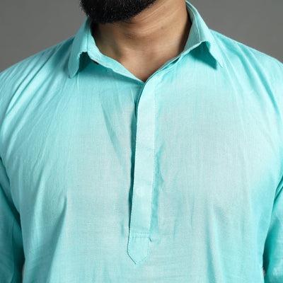 Aqua Blue - Linen Viscose Plain Men Long Pathani Kurta
