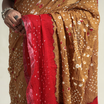 Brown - Kutch Bandhani Tie-Dye Cotton Saree with Blouse Piece