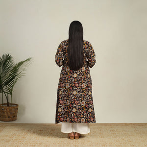 Black - Printed Cotton A-Line Kalamkari Kurta 07