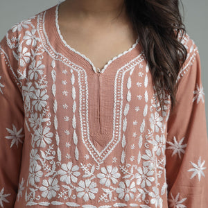Brown - Chikankari Hand Embroidered Soft Cotton Long Kurta