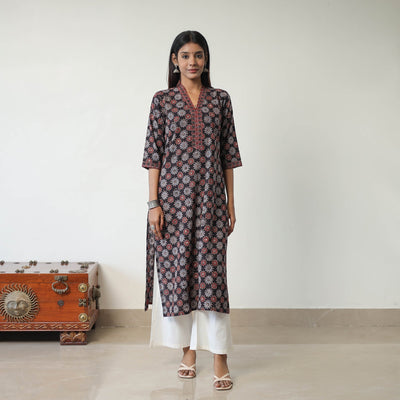 Black - Block Printed Cotton Straight Ajrakh Kurta 24