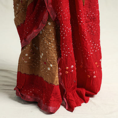 Brown - Kutch Bandhani Tie-Dye Cotton Saree with Blouse Piece