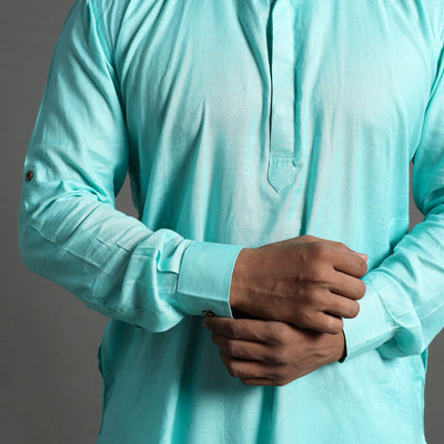 Aqua Blue - Linen Viscose Plain Men Long Pathani Kurta