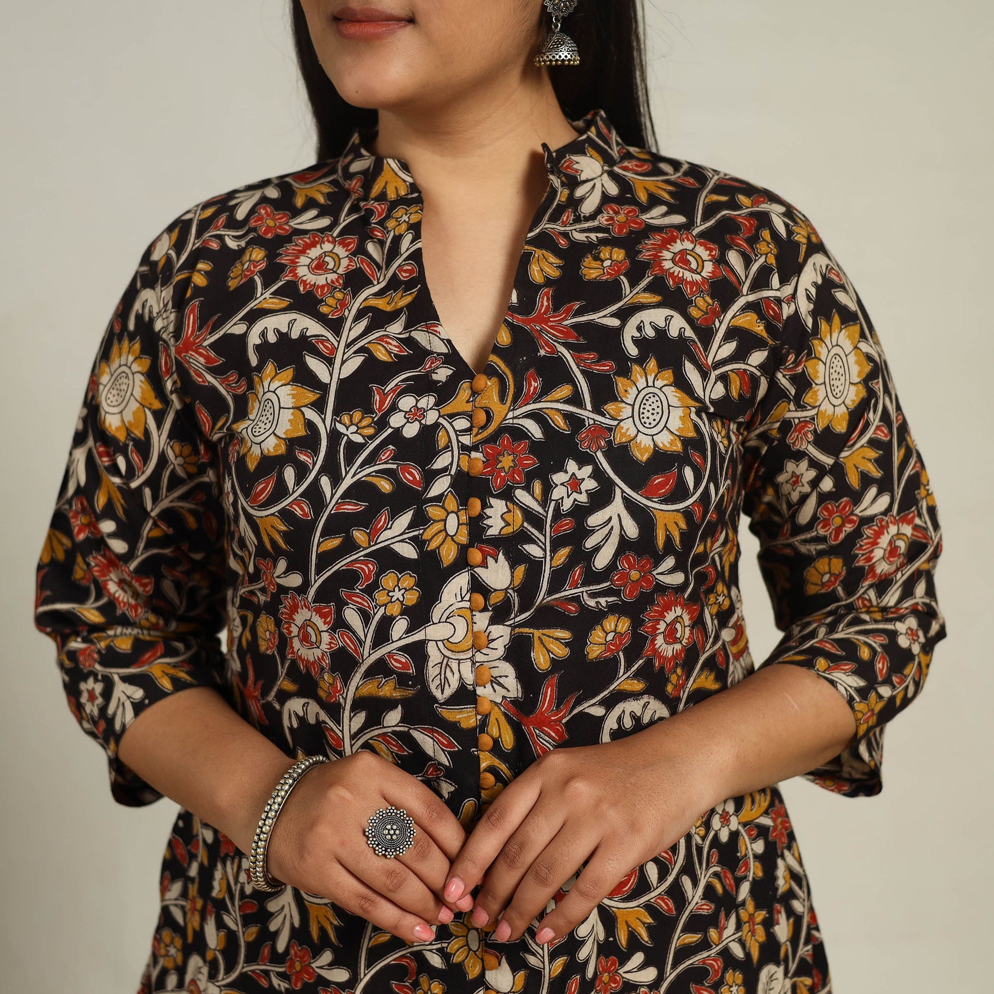 Black - Printed Cotton A-Line Kalamkari Kurta 07