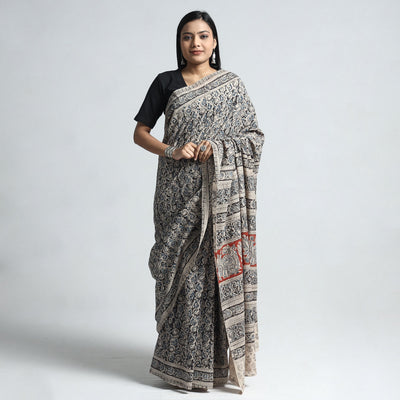 Black - Pedana Block Print Cotton Kalamkari Saree