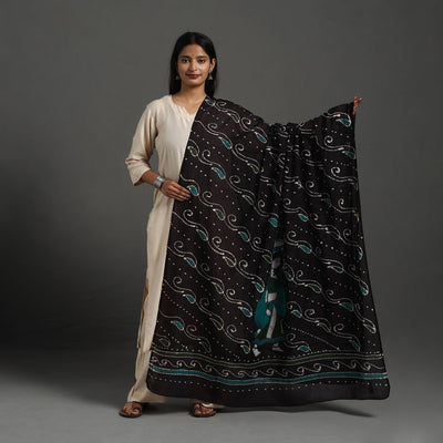 Black - Cotton Hand Batik Print Dupatta 35