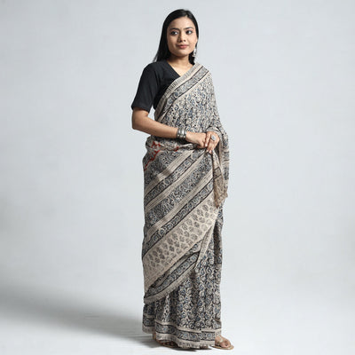 Black - Pedana Block Print Cotton Kalamkari Saree