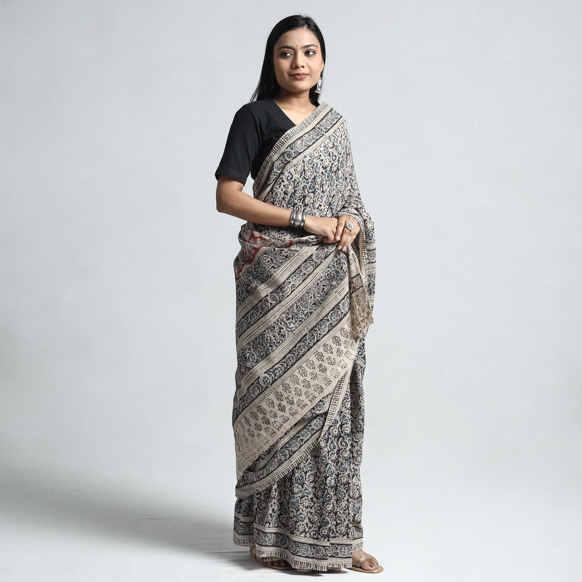 Black - Pedana Block Print Cotton Kalamkari Saree