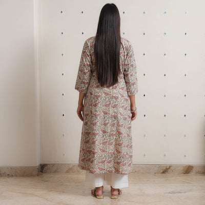 Beige - Pedana Kalamkari Block Printed Cotton A-Line Kurta 04