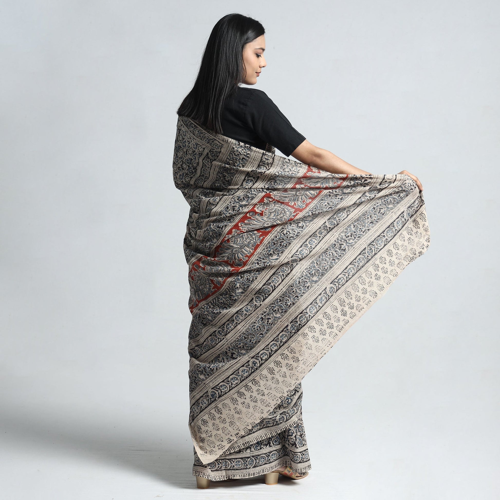 Black - Pedana Block Print Cotton Kalamkari Saree