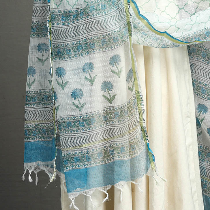 Blue - Block Printed Kota Doria Cotton Sanganeri Dupatta 26