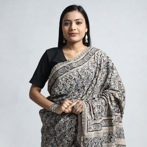 Black - Pedana Block Print Cotton Kalamkari Saree