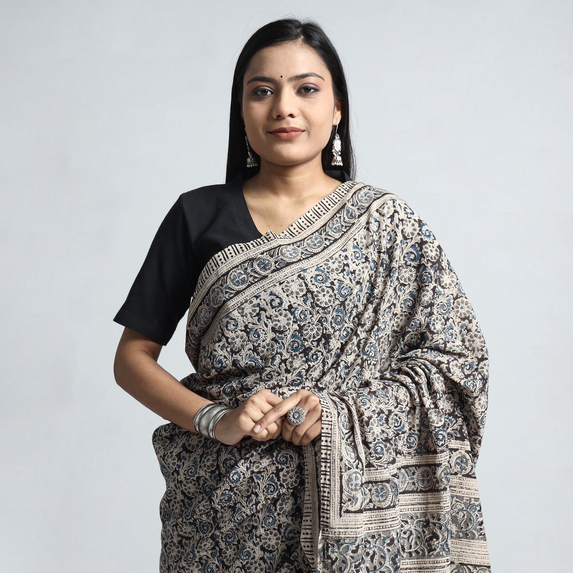 Black - Pedana Block Print Cotton Kalamkari Saree