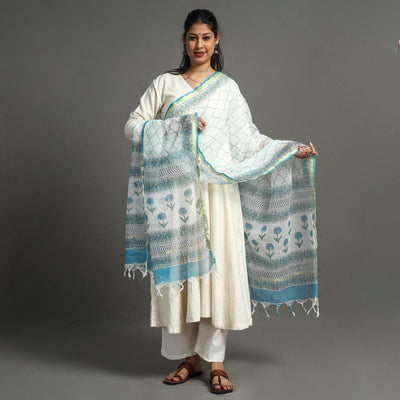 Blue - Block Printed Kota Doria Cotton Sanganeri Dupatta 26