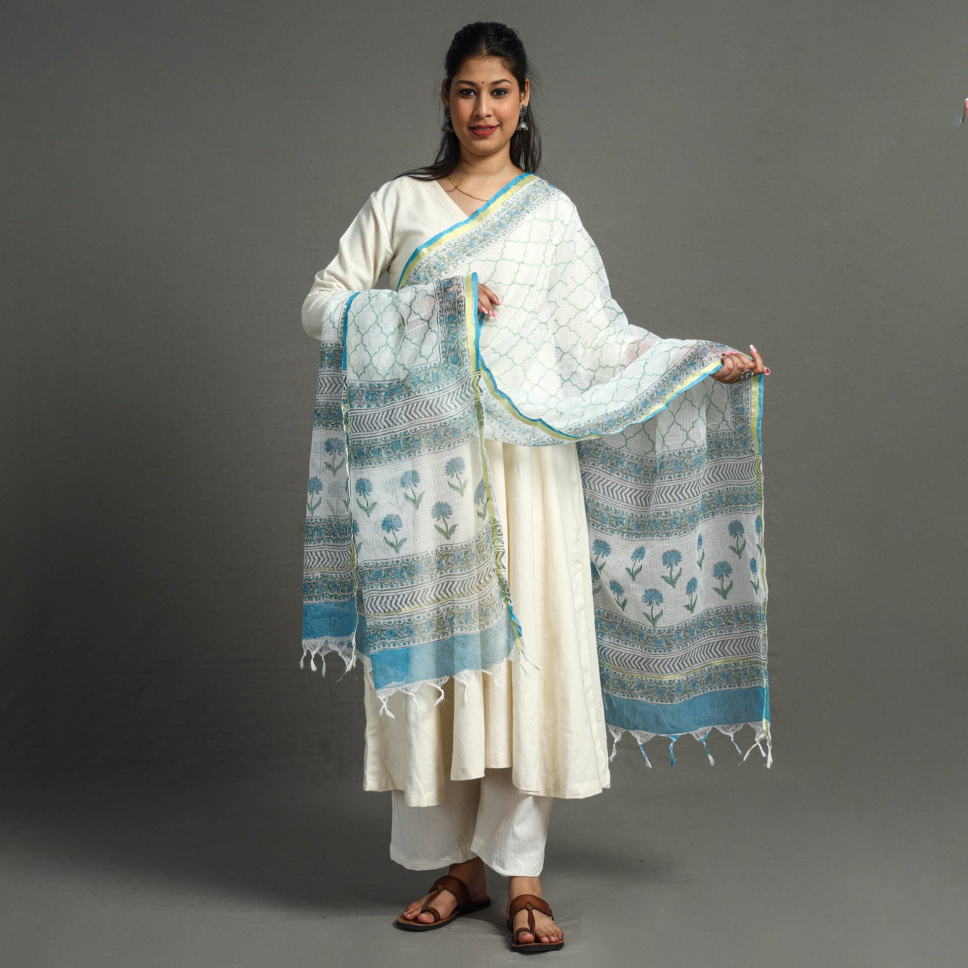 Blue - Block Printed Kota Doria Cotton Sanganeri Dupatta 26