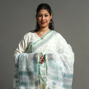Blue - Block Printed Kota Doria Cotton Sanganeri Dupatta 26