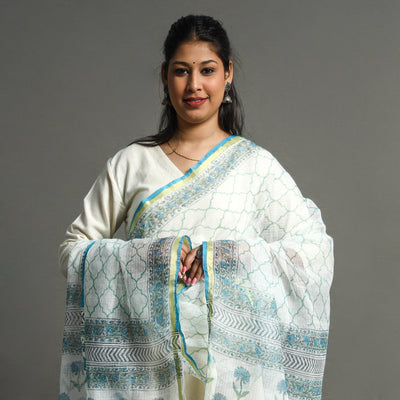 Blue - Block Printed Kota Doria Cotton Sanganeri Dupatta 26