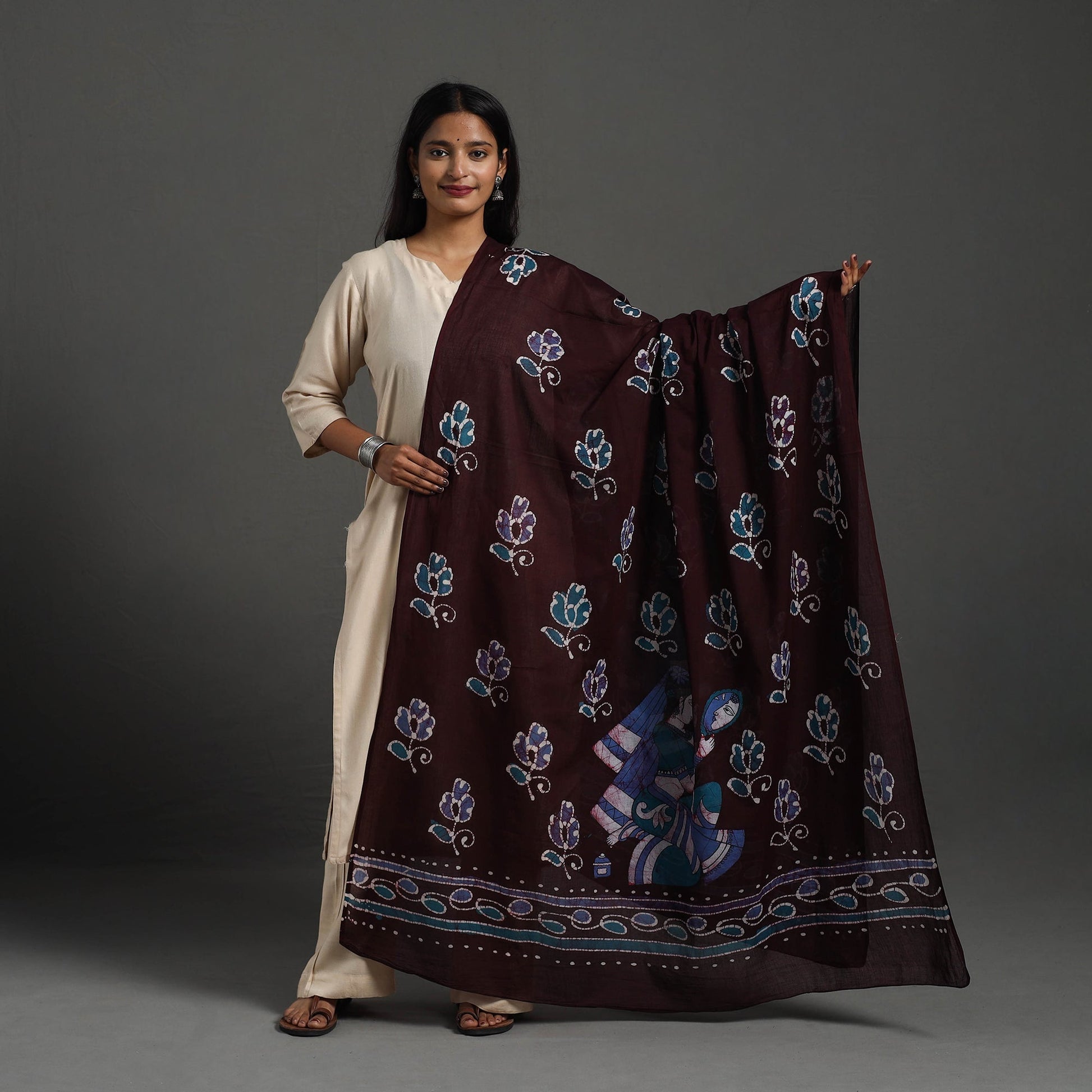 Brown - Cotton Hand Batik Print Dupatta 37