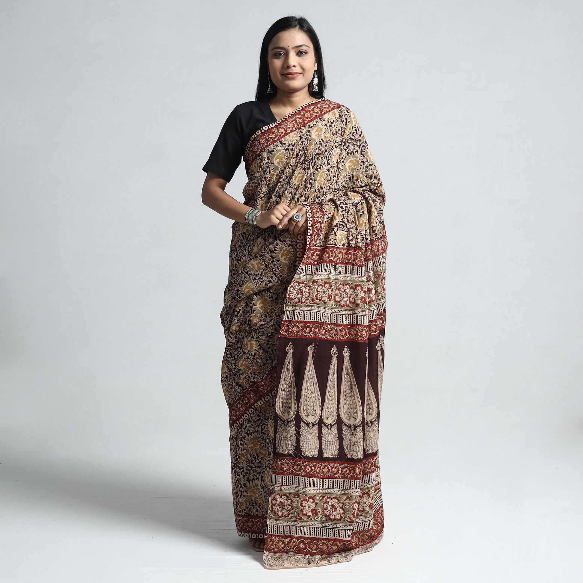 Brown - Pedana Block Print Cotton Kalamkari Saree