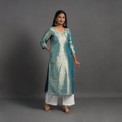 Blue - Cutwork Tissue Zari Jaal Banarasi Silk Kurta 06