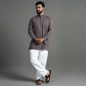Brown - Handloom Cotton Stripe Men Short Kurta