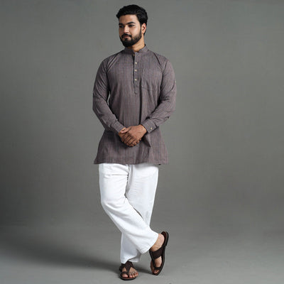 Brown - Handloom Cotton Stripe Men Short Kurta