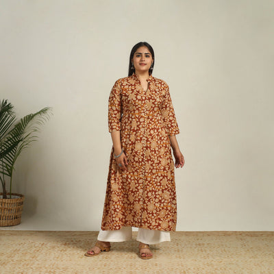Brown - Printed Cotton A-Line Kalamkari Kurta 08