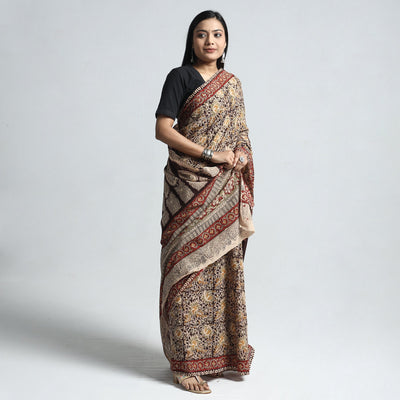 Brown - Pedana Block Print Cotton Kalamkari Saree