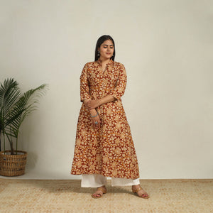Brown - Printed Cotton A-Line Kalamkari Kurta 08