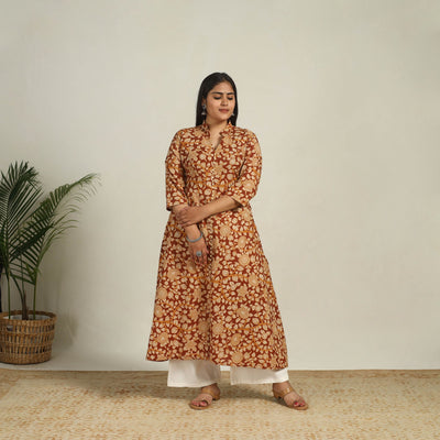 Brown - Printed Cotton A-Line Kalamkari Kurta 08