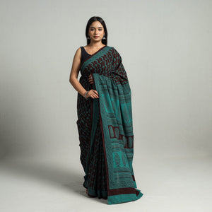 Brown - Natural Dyed Bagh Print Cotton Saree with Blouse Piece 16