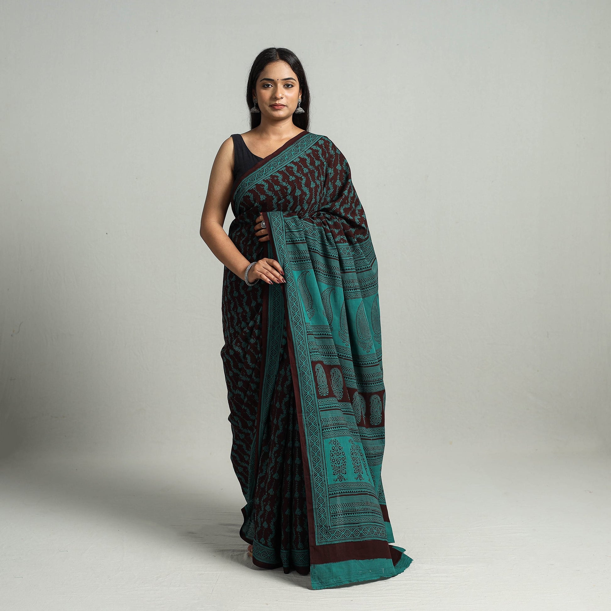 Brown - Natural Dyed Bagh Print Cotton Saree with Blouse Piece 16