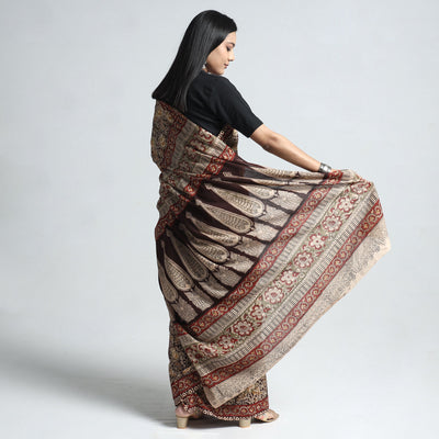 Brown - Pedana Block Print Cotton Kalamkari Saree