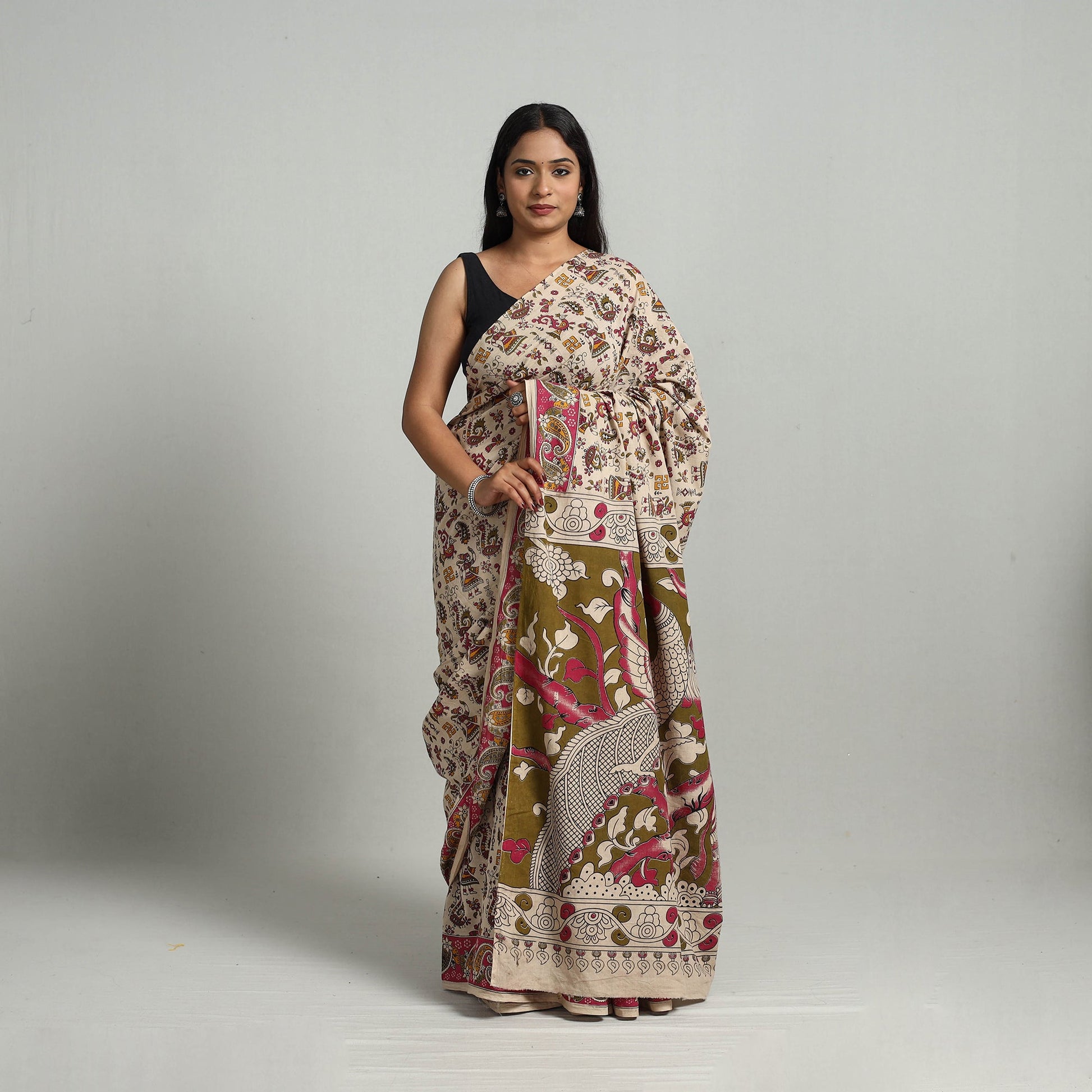 Beige - Kalamkari Print Cotton Saree with Blouse 13