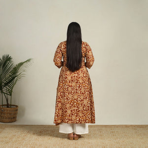 Brown - Printed Cotton A-Line Kalamkari Kurta 08